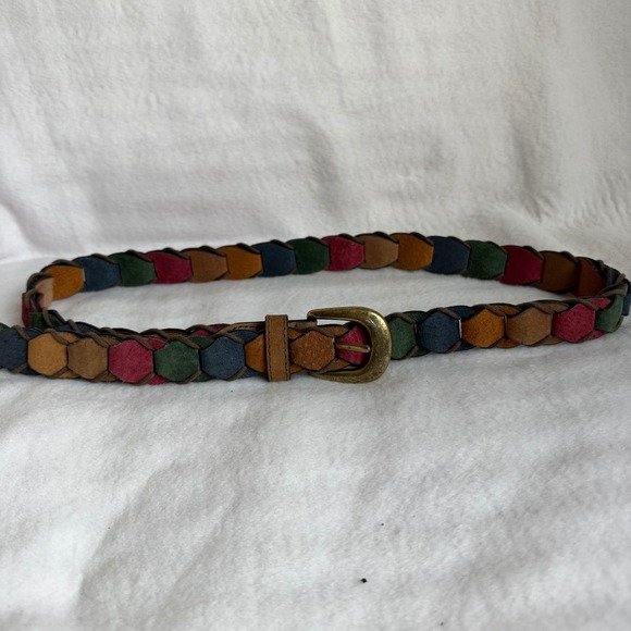 Vintage Accessories - Vintage Multicolor Braided Suede Leather Belt Patchwork Boho Brass Buckle XL